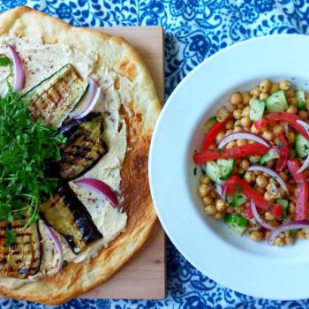 Flatbread pizza and chickpea salad